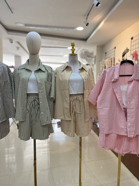 Summer Short Sleeves Strips Shirts With Short and Crop Camisoley
